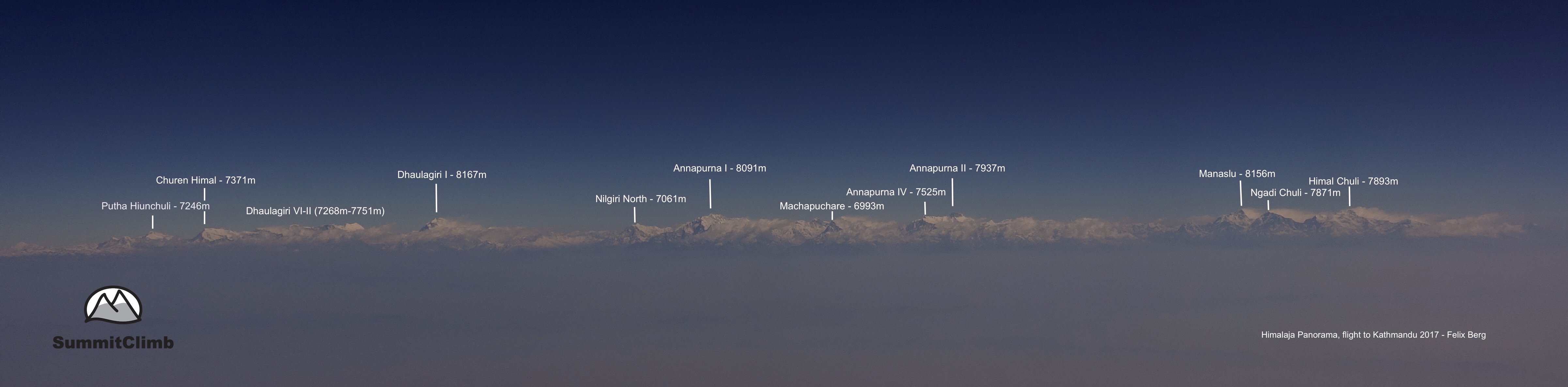 Panorama des Himalaja vom Dhaulagiri über Annapurna bis zum Manaslu