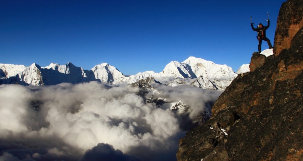Climb in the Himalayan mountains of Nepal near Cho Oyu and Mount Everest
