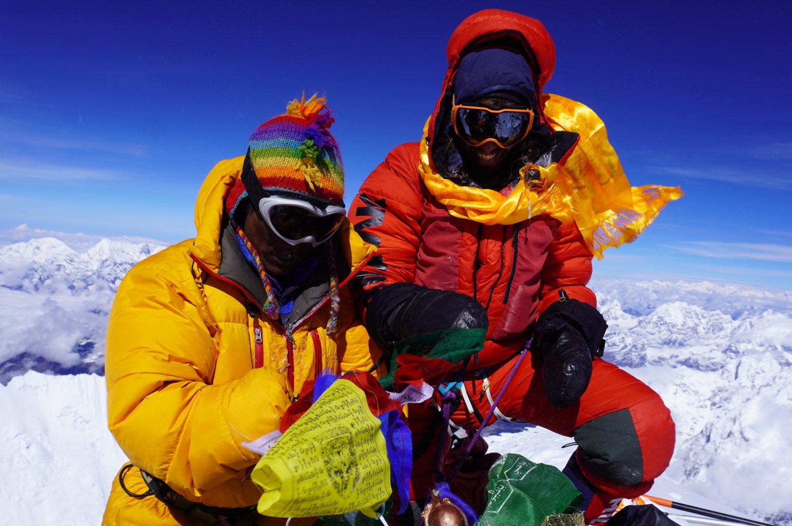 mountaineers Felix Berg and Renji Sherpa on Mount Everest Summit