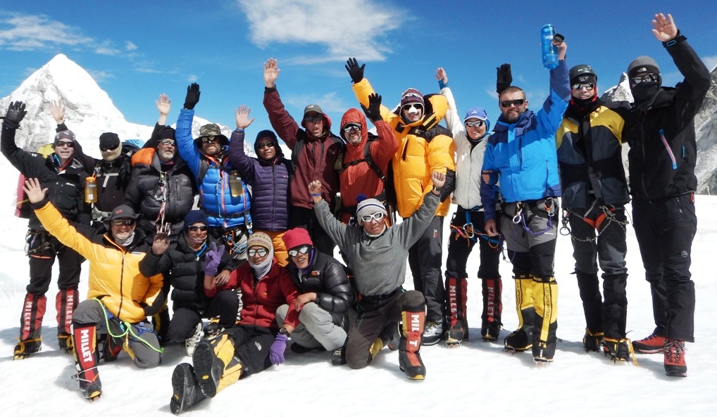 01 SummitClimb Team Everest 2016 at camp 1. Mount Pumori in background. 