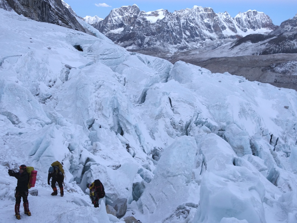 02 Team climbing up the Khumbu iceall. Mount Lobuche in background. Franz Ruehrlinger Photo 
