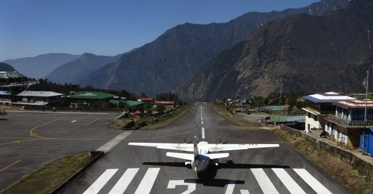 Small plane ready to take off from Lukla airport. Photo Jeff Sorrel